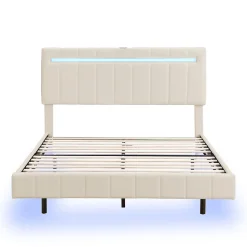 Lit 160 X 200 Cm, Rembourré, Avec Tête De Lit Réglable, Éclairage LED, En Lin, Beige