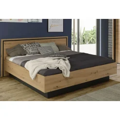 Lit 180 x 200 cm tête de lit décor chêne naturel et noir mat - ALIA