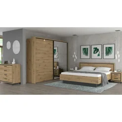 Lit 180 x 200 cm tête de lit décor chêne naturel et noir mat - ALIA