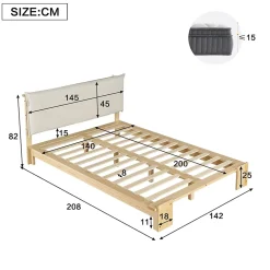 Lit Ado 140x200 cm - Lit Double avec Tête de Lit Capitonnée à Scratch, Sommier à Lattes, sans Matelas - Bois Naturel