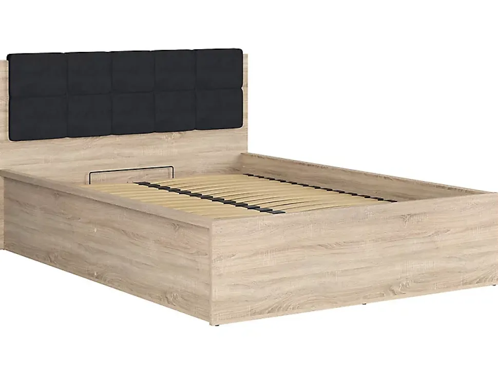 Lit adule 140x200 avec tête de lit capitonnée noir,sommier et rangement, coloris chêne Sonoma - L. 204,5 x P. 149 x H. 95/40,5 cm