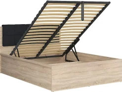 Lit adule 140x200 avec tête de lit capitonnée noir,sommier et rangement, coloris chêne Sonoma - L. 204,5 x P. 149 x H. 95/40,5 cm