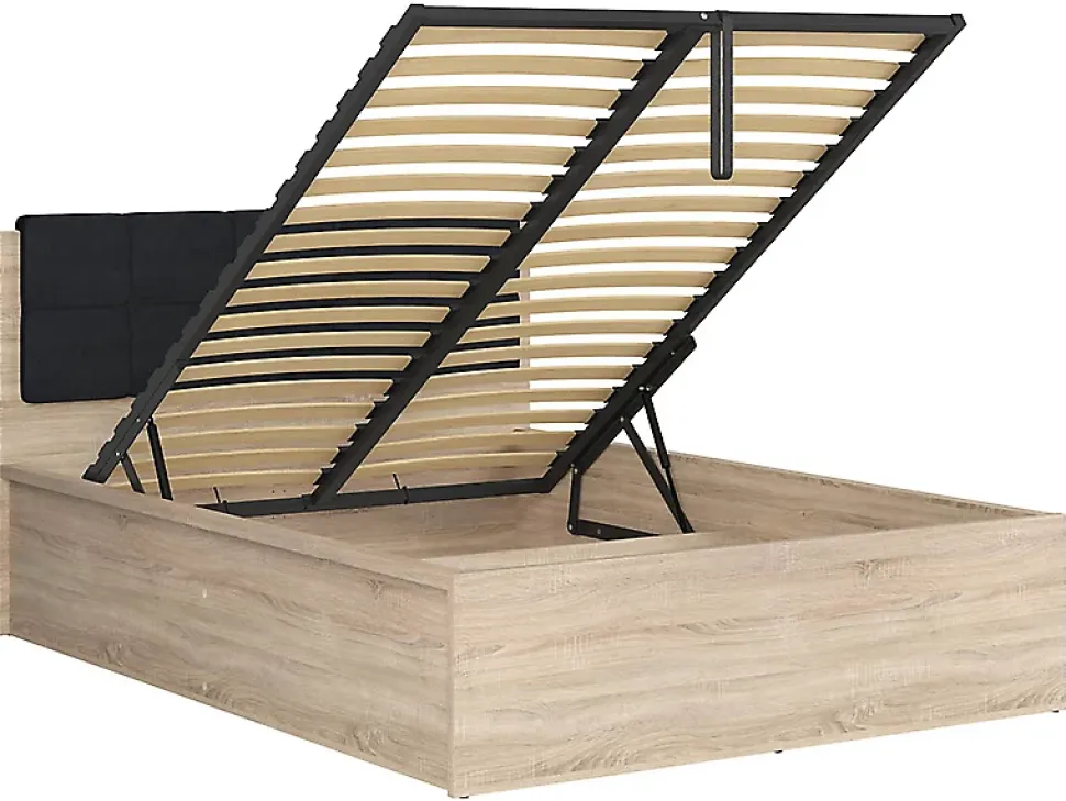 Lit adule 140x200 avec tête de lit capitonnée noir,sommier et rangement, coloris chêne Sonoma - L. 204,5 x P. 149 x H. 95/40,5 cm