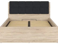 Lit adule 140x200 avec tête de lit capitonnée noir,sommier et rangement, coloris chêne Sonoma - L. 204,5 x P. 149 x H. 95/40,5 cm