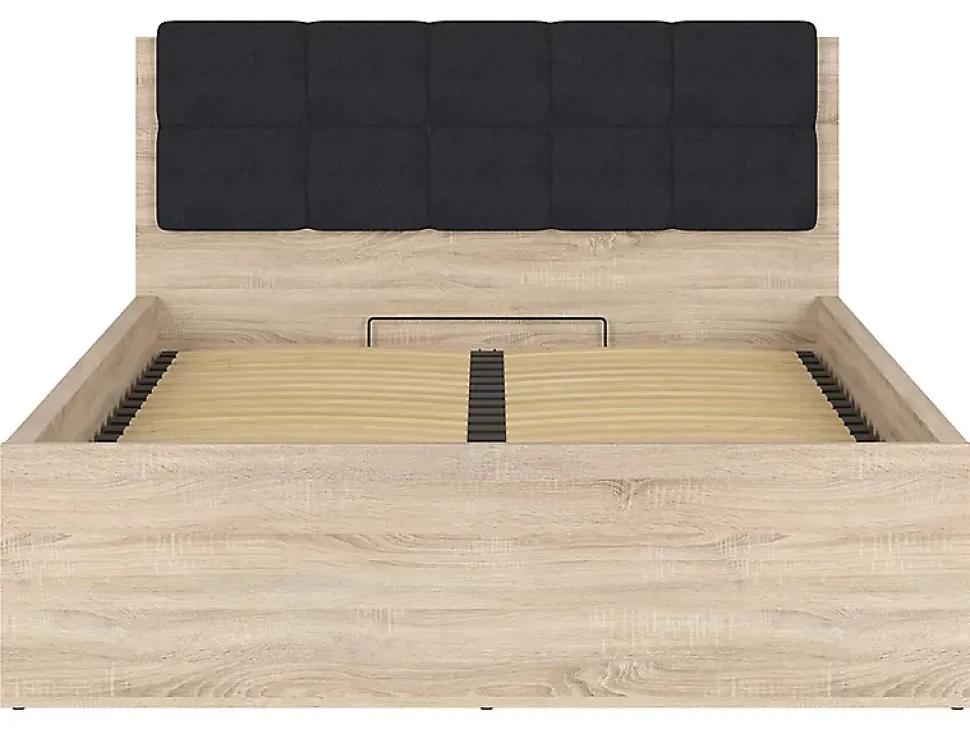 Lit adule 140x200 avec tête de lit capitonnée noir,sommier et rangement, coloris chêne Sonoma - L. 204,5 x P. 149 x H. 95/40,5 cm