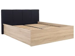 Lit adule 140x200 avec tête de lit capitonnée noir,sommier et rangement, coloris chêne Sonoma/noir