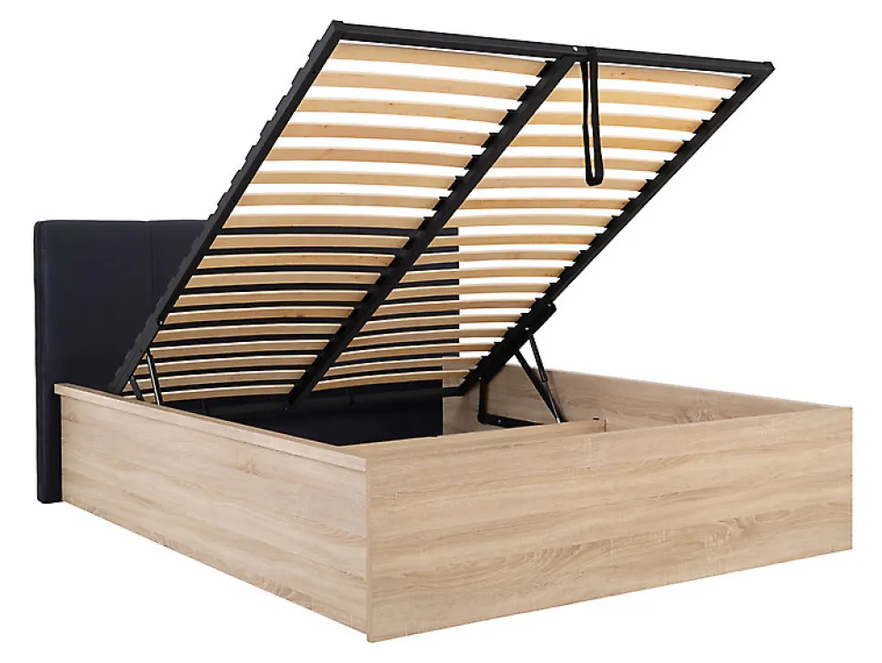 Lit adule 140x200 avec tête de lit capitonnée noir,sommier et rangement, coloris chêne Sonoma/noir