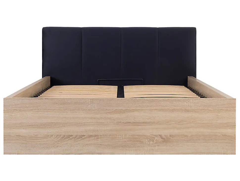 Lit adule 140x200 avec tête de lit capitonnée noir,sommier et rangement, coloris chêne Sonoma/noir