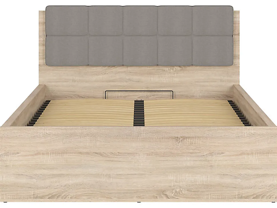 Lit adule 140x200 avec tête de lit capitonnée beige,sommier et rangement, coloris chêne Sonoma - L. 204,5 x P. 149 x H. 95/40,5 cm