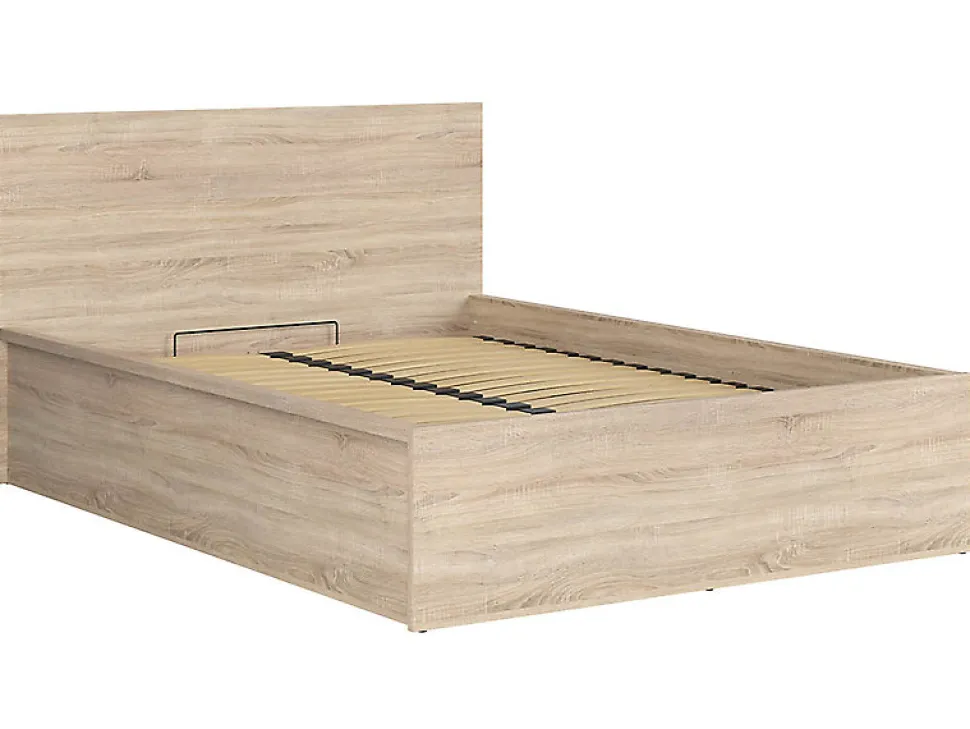 Lit adule 140x200 Lit coffre 2 places avec sommier et rangement, coloris chêne Sonoma - L. 204,5 x P. 149 x H. 95/40,5 cm
