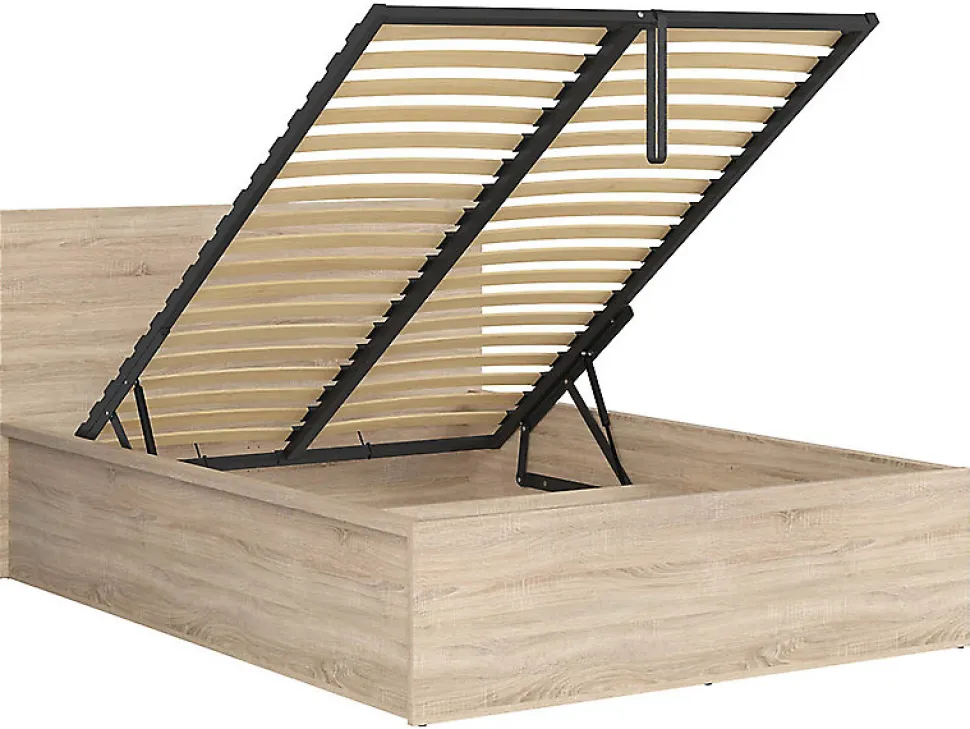 Lit adule 140x200 Lit coffre 2 places avec sommier et rangement, coloris chêne Sonoma - L. 204,5 x P. 149 x H. 95/40,5 cm
