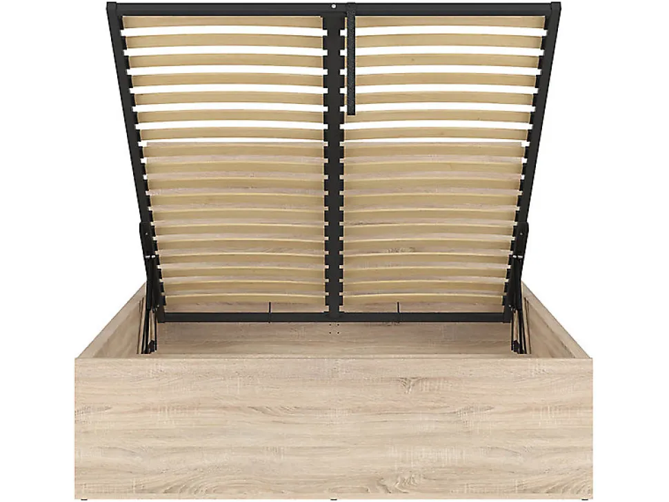 Lit adule 140x200 Lit coffre 2 places avec sommier et rangement, coloris chêne Sonoma - L. 204,5 x P. 149 x H. 95/40,5 cm
