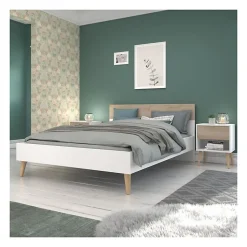 Lit adulte - AALBORG - 140 x 190 cm - Blanc / Chene - PARISOT