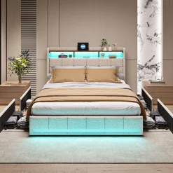 Lit adulte 180 x 200 cm avec 4 tiroirs de rangement, bande lumineuse LED, chargement USB, lit capitonné double, lit ado, lin beige