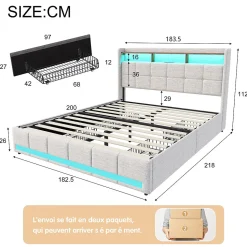 Lit adulte 180 x 200 cm avec 4 tiroirs de rangement, bande lumineuse LED, chargement USB, lit capitonné double, lit ado, lin beige
