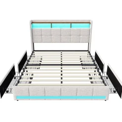 Lit adulte 180 x 200 cm avec 4 tiroirs de rangement, bande lumineuse LED, chargement USB, lit capitonné double, lit ado, lin beige