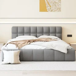 Lit adulte 160 x 200,lit au sol, lit bas,avec tête de lit et dossier souple,sommier à lattes,scandinave moderne,lin,gris