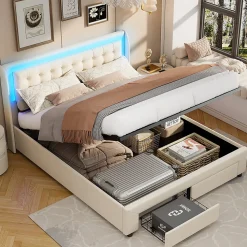 Lit Adulte Avec Sommier à Lattes 140x190 Cm,avec LED Et Rangement,avec Tête De Lit En Velours,beige