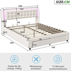 Lit Adulte Avec Sommier à Lattes 140x190 Cm,avec LED Et Rangement,avec Tête De Lit En Velours,beige