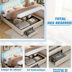 Lit Adulte Avec Sommier à Lattes 140x190 Cm,avec LED Et Rangement,avec Tête De Lit En Velours,beige