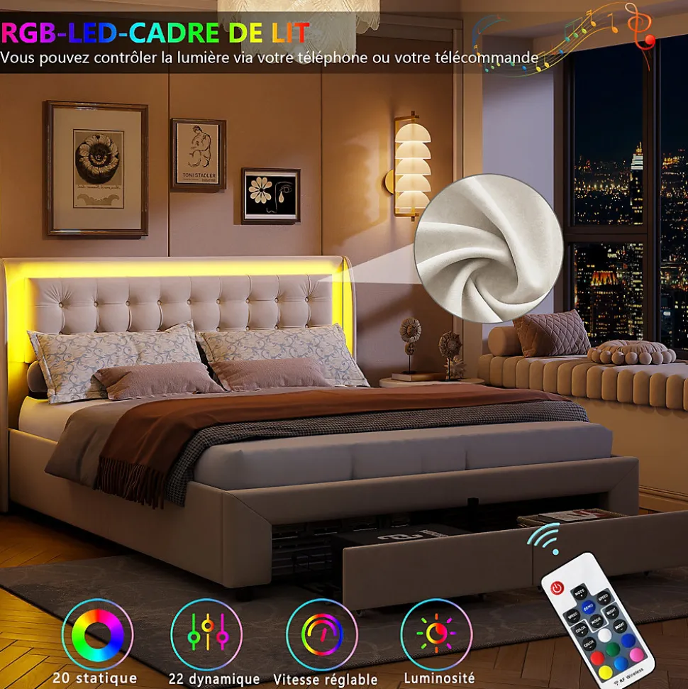 Lit Adulte Avec Sommier à Lattes 140x190 Cm,avec LED Et Rangement,avec Tête De Lit En Velours,beige