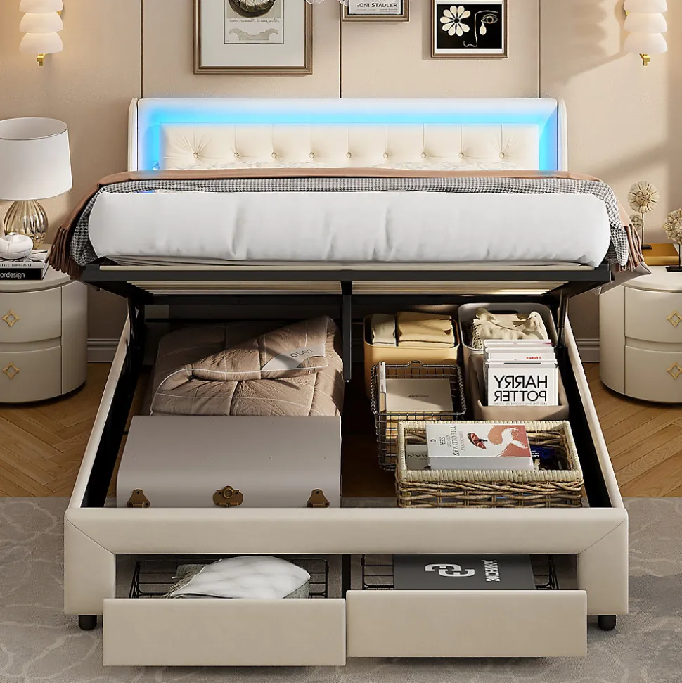 Lit Adulte Avec Sommier à Lattes 140x190 Cm,avec LED Et Rangement,avec Tête De Lit En Velours,beige