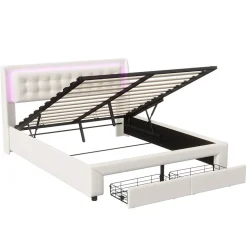 Lit Adulte Avec Sommier à Lattes 140x190 Cm,avec LED Et Rangement,avec Tête De Lit En Velours,beige