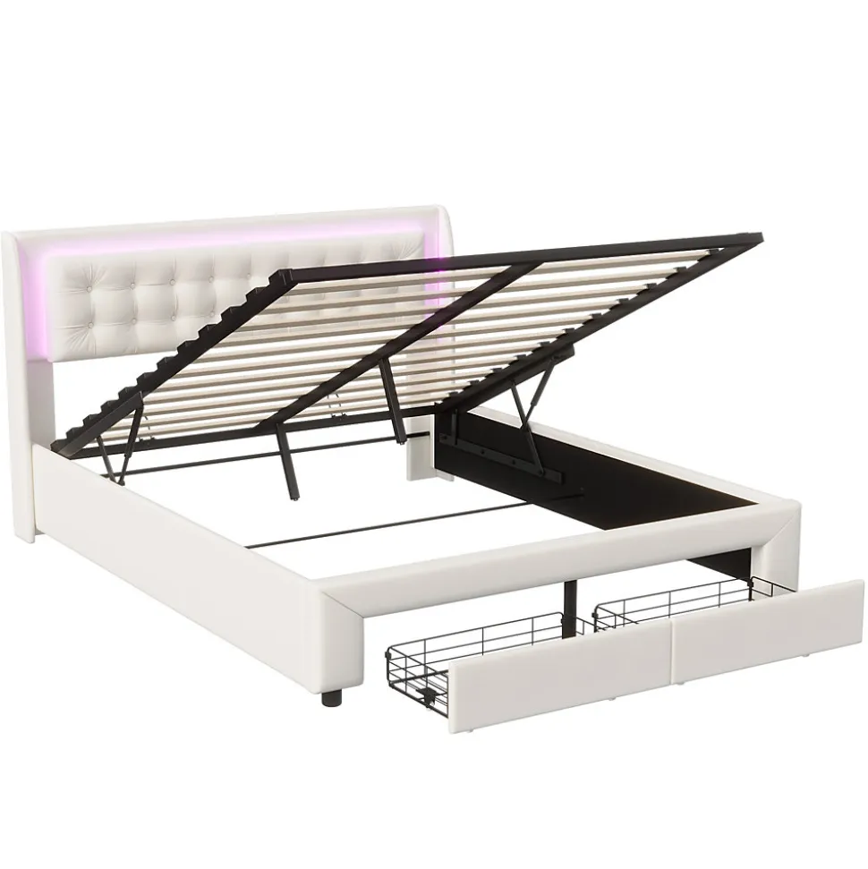 Lit Adulte Avec Sommier à Lattes 140x190 Cm,avec LED Et Rangement,avec Tête De Lit En Velours,beige