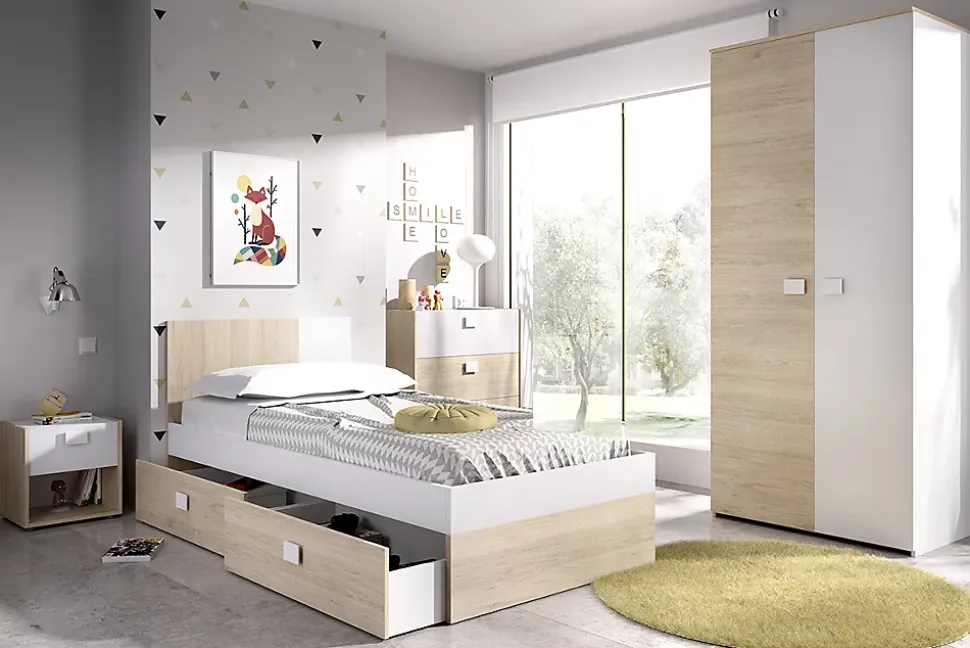 Lit adulte coloris blanc, chêne naturel avec 2 tiroirs - Longueur 196 x Profondeur 97 x Hauteur 79 cm