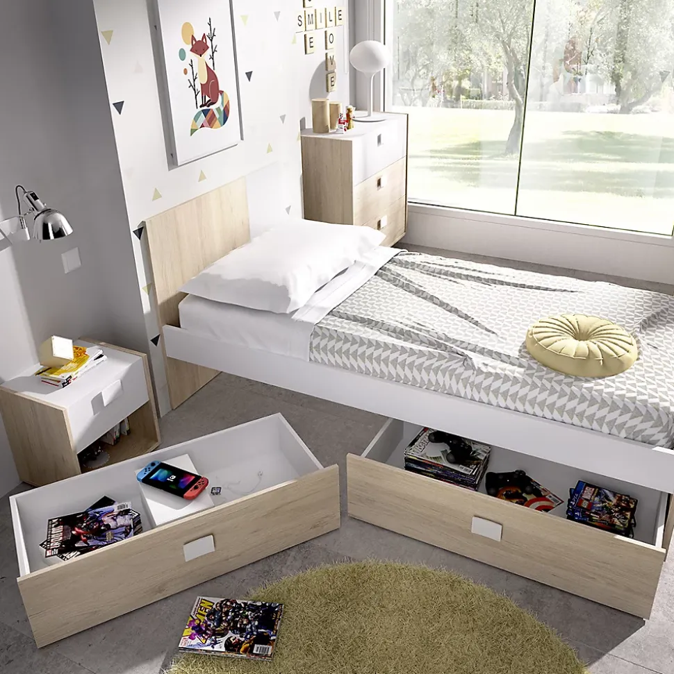 Lit adulte coloris blanc, chêne naturel avec 2 tiroirs - Longueur 196 x Profondeur 97 x Hauteur 79 cm