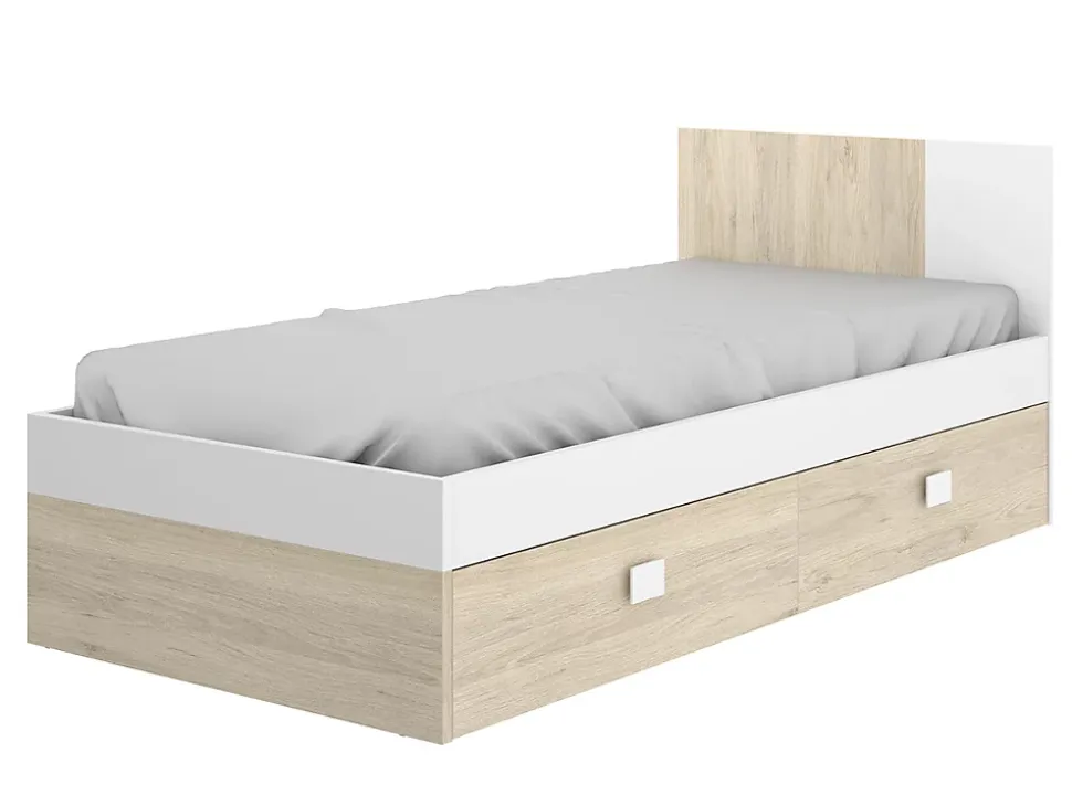 Lit adulte coloris blanc, chêne naturel avec 2 tiroirs - Longueur 196 x Profondeur 97 x Hauteur 79 cm