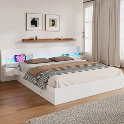 Lit adulte de rangement 180x200cm en bois - avec prises USB et LED - 2 tables de chevet & 2 tiroirs - Blanc