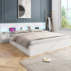 Lit adulte de rangement 180x200cm en bois - avec prises USB et LED - 2 tables de chevet & 2 tiroirs - Blanc