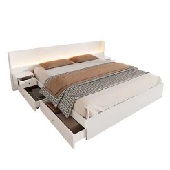 Lit adulte de rangement 180x200cm en bois - avec prises USB et LED - 2 tables de chevet & 2 tiroirs - Blanc