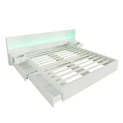 Lit adulte de rangement 180x200cm en bois - avec prises USB et LED - 2 tables de chevet & 2 tiroirs - Blanc