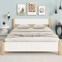 Lit adulte double en bois - cadre en pin avec tête de lit et sommier à lattes lit en MDF blanc + naturel - 140x200 cm