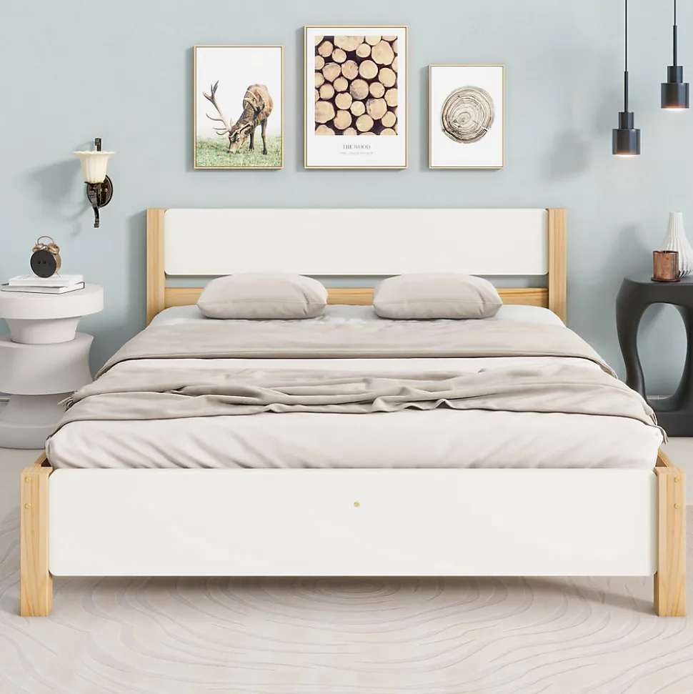 Lit adulte double en bois - cadre en pin avec tête de lit et sommier à lattes lit en MDF blanc + naturel - 140x200 cm