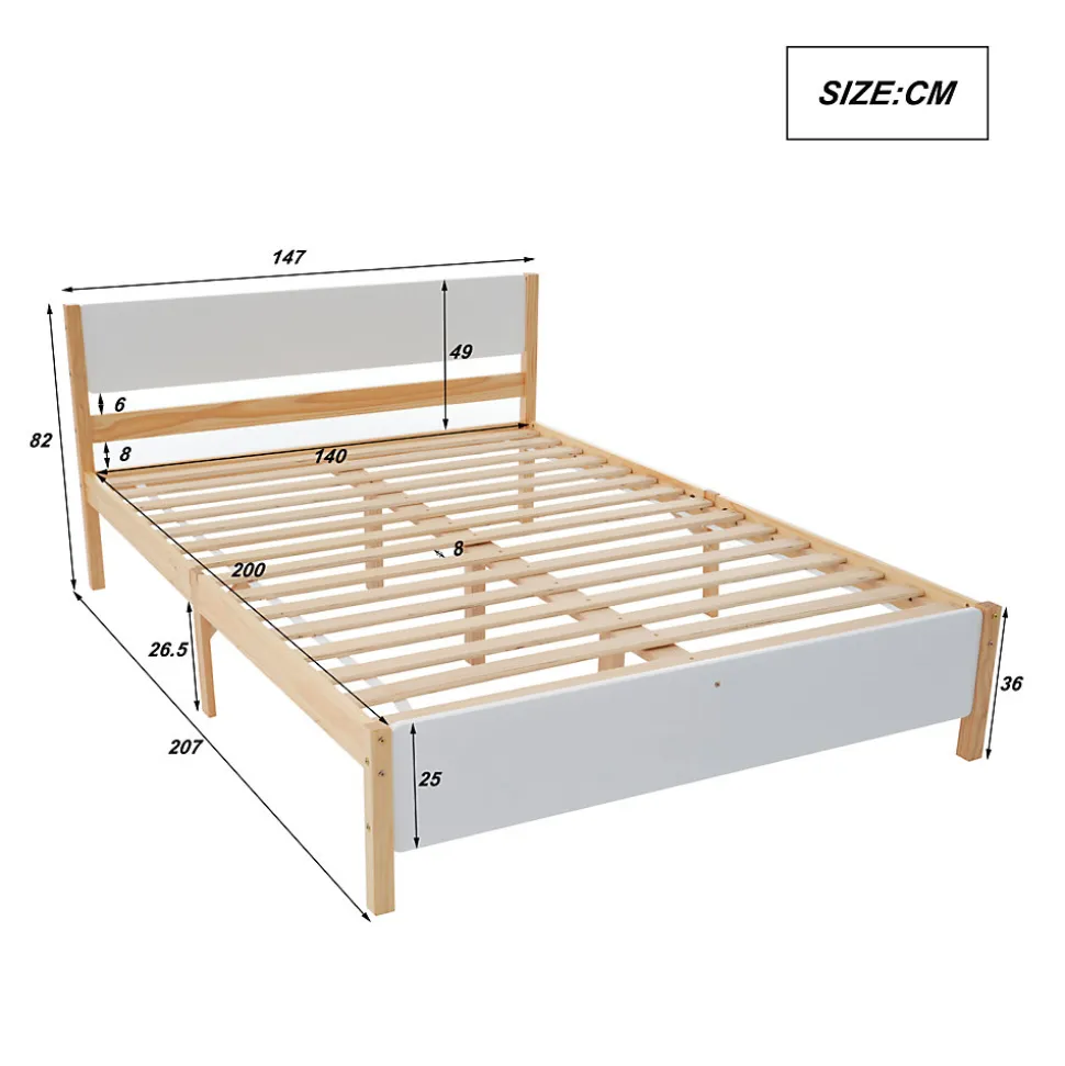 Lit adulte double en bois - cadre en pin avec tête de lit et sommier à lattes lit en MDF blanc + naturel - 140x200 cm