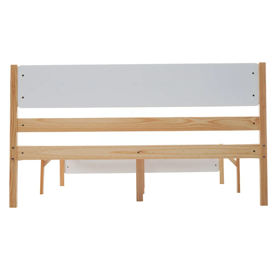 Lit adulte double en bois - cadre en pin avec tête de lit et sommier à lattes lit en MDF blanc + naturel - 140x200 cm