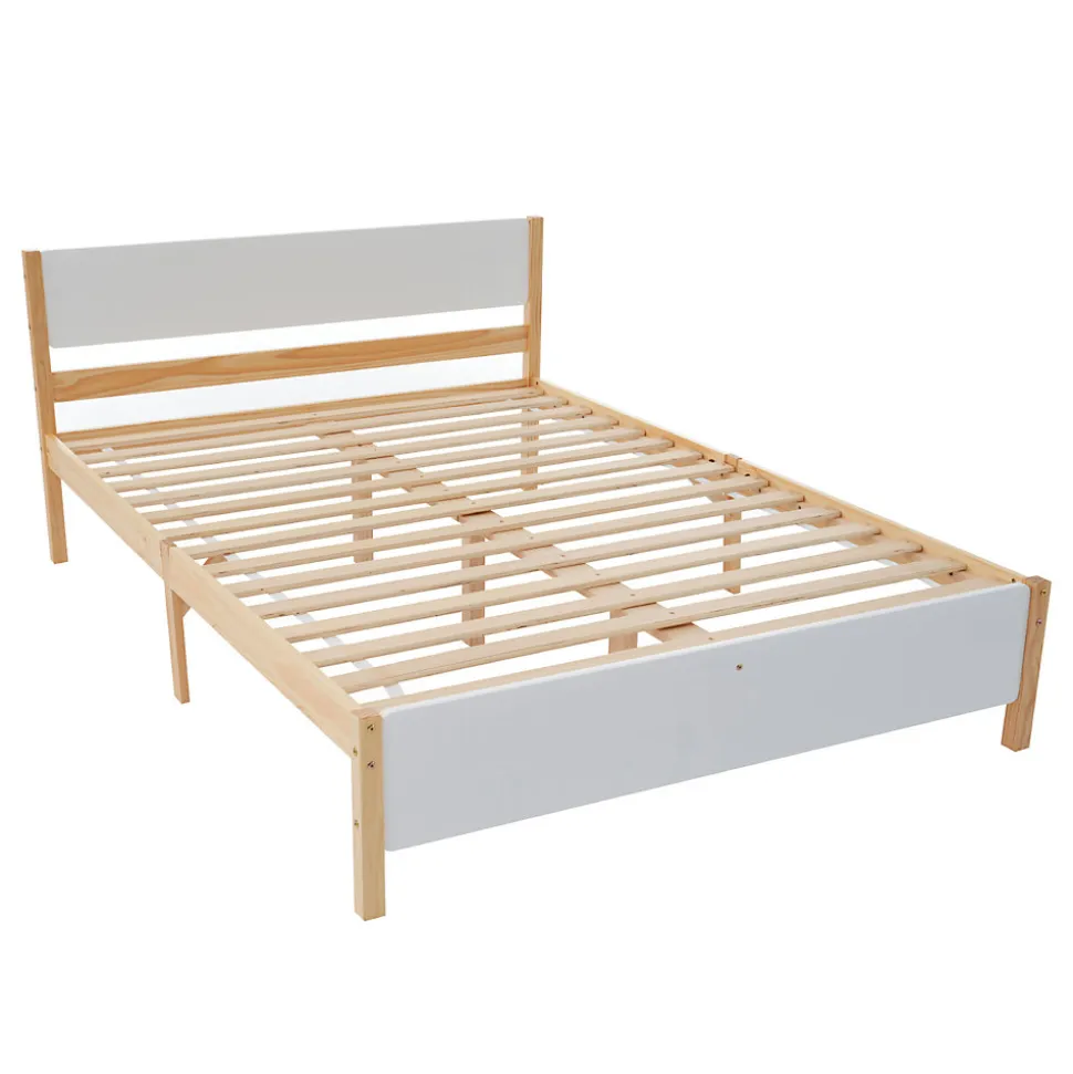 Lit adulte double en bois - cadre en pin avec tête de lit et sommier à lattes lit en MDF blanc + naturel - 140x200 cm