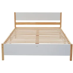 Lit adulte double en bois - cadre en pin avec tête de lit et sommier à lattes lit en MDF blanc + naturel - 140x200 cm