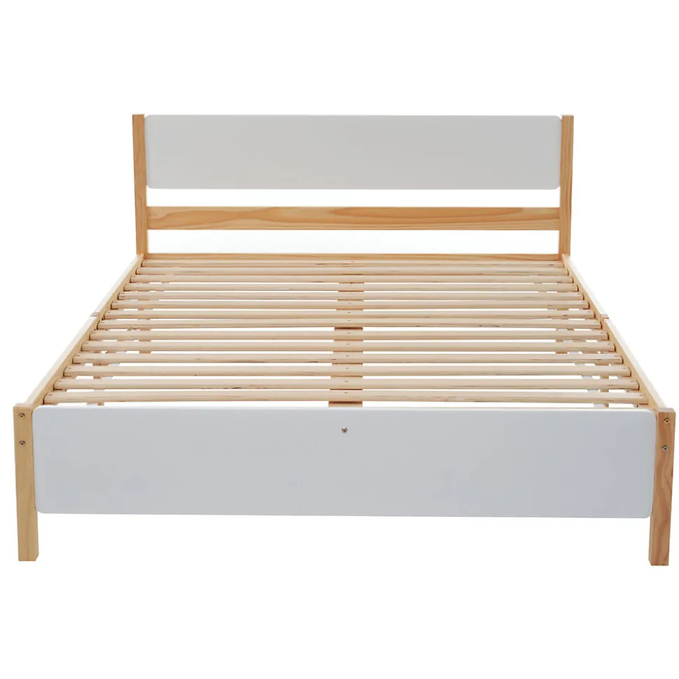Lit adulte double en bois - cadre en pin avec tête de lit et sommier à lattes lit en MDF blanc + naturel - 140x200 cm