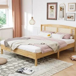 Lit Adulte Double 160x200cm Rotin 15 Lattes Pin Naturel Blackcolors