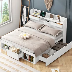 Lit adulte en MDF 180x200 cm - Avec port de recharge et rangements multifonctionnels - Blanc (matelas non inclus)