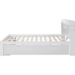 Lit adulte en MDF 180x200 cm - Avec port de recharge et rangements multifonctionnels - Blanc (matelas non inclus)