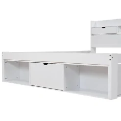 Lit adulte en MDF 180x200 cm - Avec port de recharge et rangements multifonctionnels - Blanc (matelas non inclus)