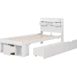 Lit adulte en MDF 90x200 cm - Avec port de recharge et rangements multifonctionnels - Blanc (matelas non inclus)