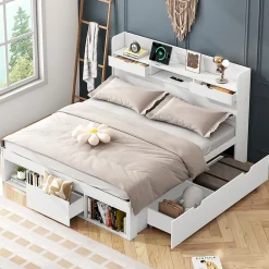 Lit adulte en MDF 140x200 cm - Avec port de recharge et rangements multifonctionnels - Blanc (matelas non inclus)
