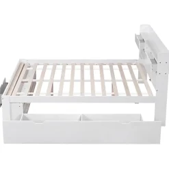 Lit adulte en MDF 135x190 cm - Avec port de recharge et rangements multifonctionnels - Blanc (matelas non inclus)