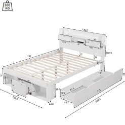 Lit adulte en MDF 135x190 cm - Avec port de recharge et rangements multifonctionnels - Blanc (matelas non inclus)